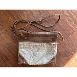 Myra Bag‎ Crossbody Distressed Leather Tan Floral Canvas Fringe Boho
